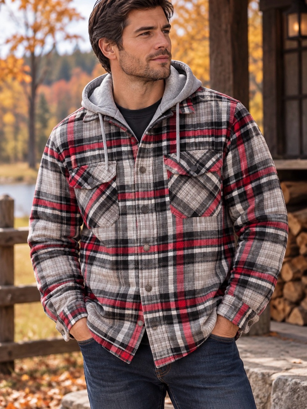 Men's Red and Gray Plaid Hooded Flannel Jacket
